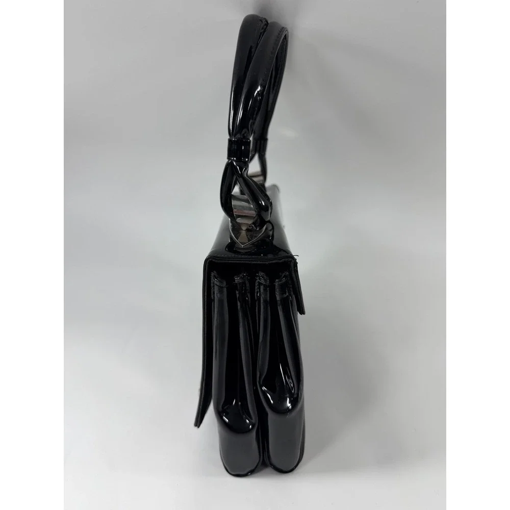Crown Lewis Black Patent Leather Top Handle Bag Silver Hardware Dark Academia